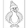 A cartoon turkey wearing a striped winter hat, with its wings spread wide, outlined for coloring.