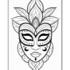 A detailed line art illustration of a mask surrounded by ornate leaves, featuring decorative dots and patterns.