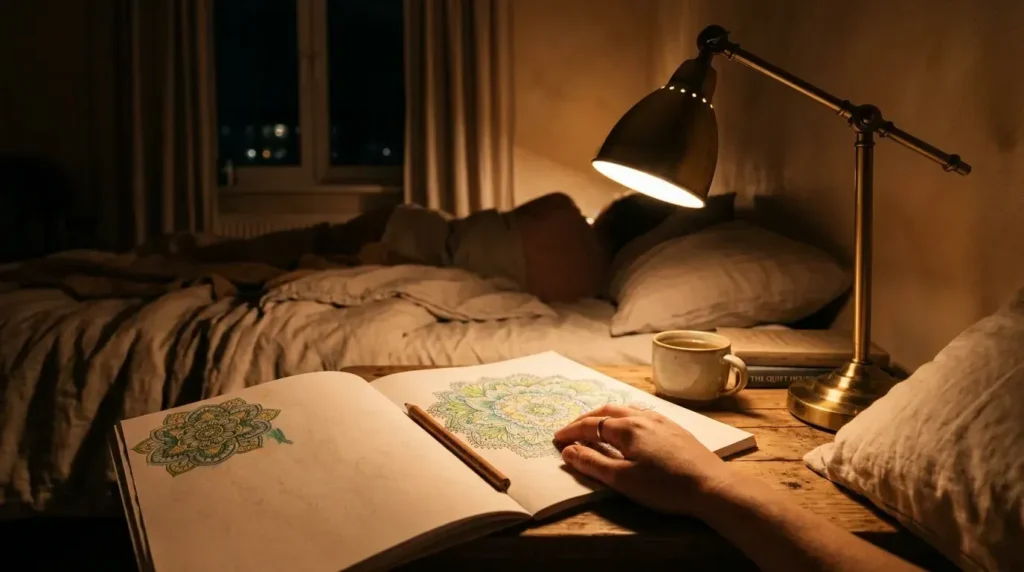 Benefits of Coloring pages for Adults Cozy bedroom setting at night warm ambient yellow 1778270878391